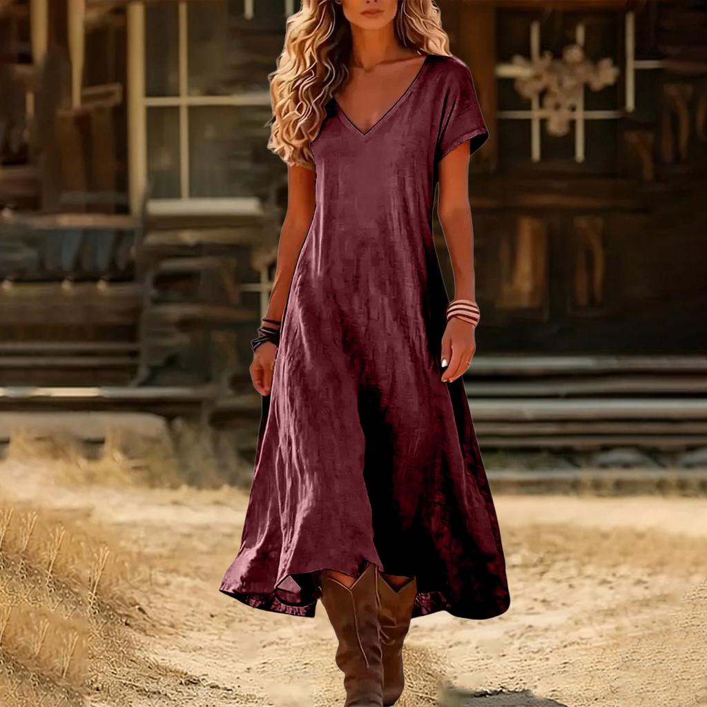Fashion Women's Color V-neck Long Dress Loose