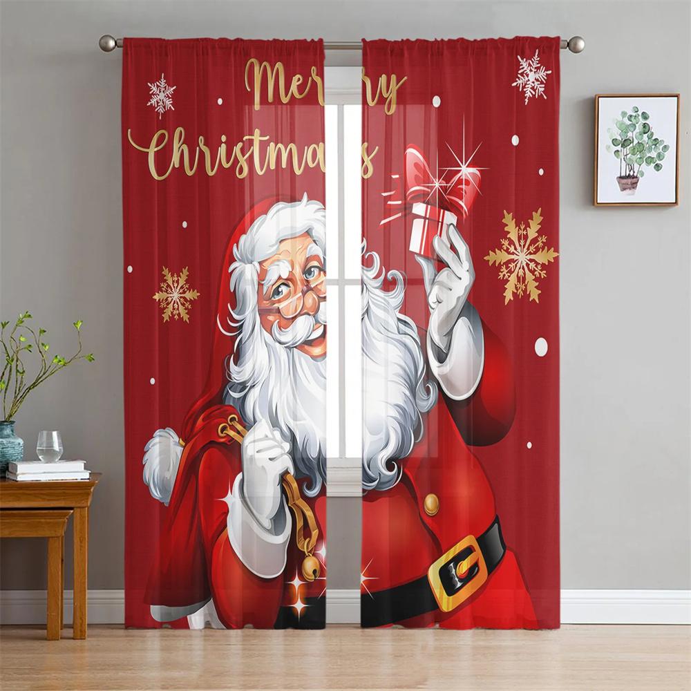 Cute Christmas Snowman Snow Scene Tulle Curtains Blinds for Living Room Bedroom Decoration Chiffon Sheer Voile Window Curtain2Pc