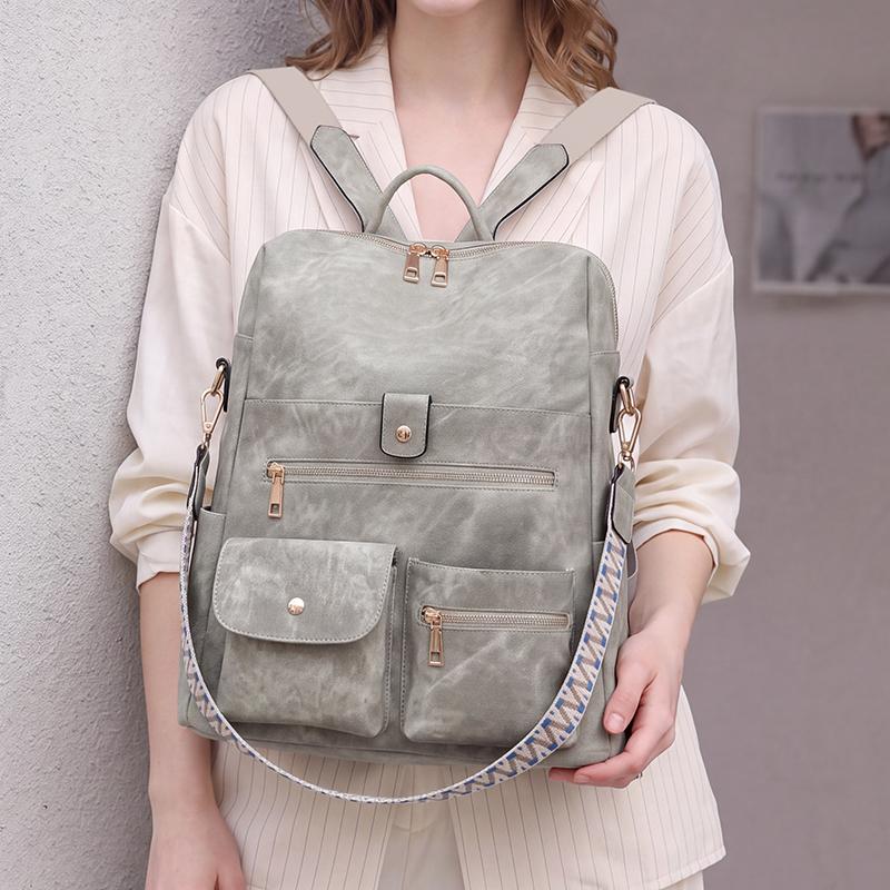 PU Backpack Multi Pocket Zipper Closure Casual Daypack for Women Daily Travel
