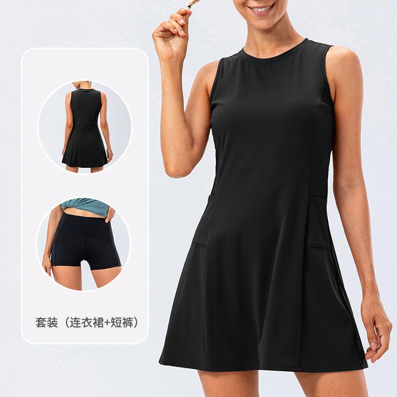 Women Tennis Dress Yoga Fitness Outfit, Naked Feel Breathable Anti-Chafing Golf Sports Skort Two Piece Set