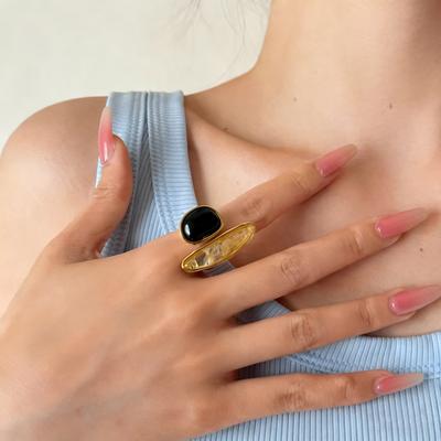 Badu French Vintage Irregular Crystal Open Ring Minimalist Black Gemstone Stackable Ring Geometric Pattern Fashion Jewelry