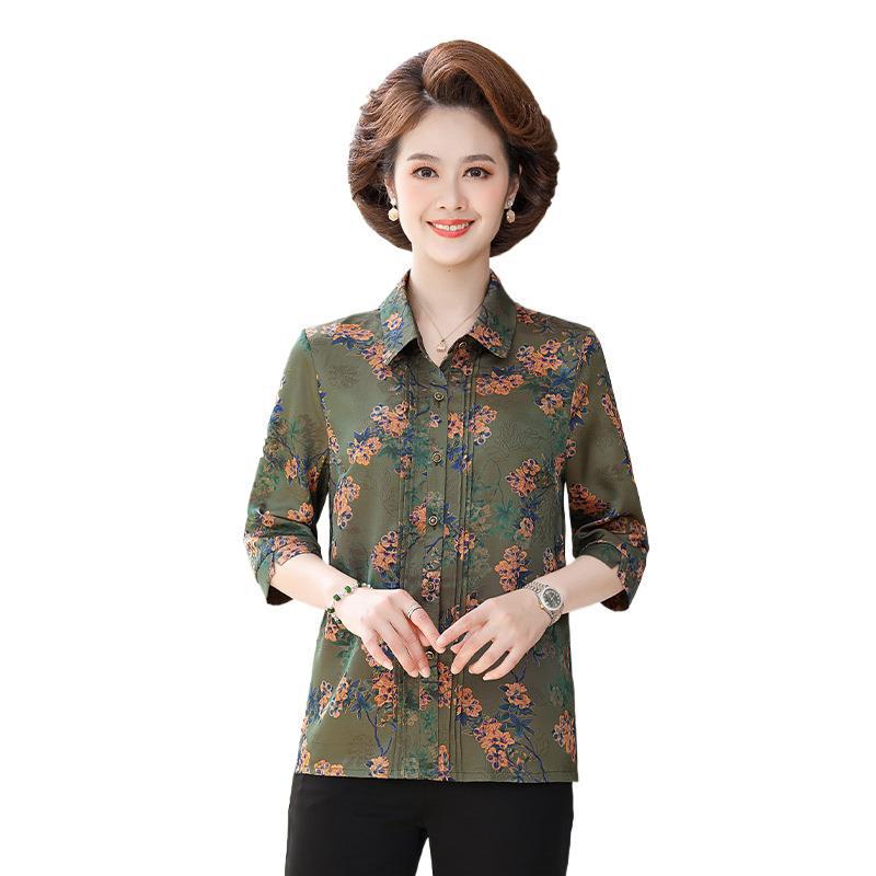 Spring & Summer Floral Print Top for Middle-aged & Elderly Women – Chinese Style Seven-Point Sleeve Shirt