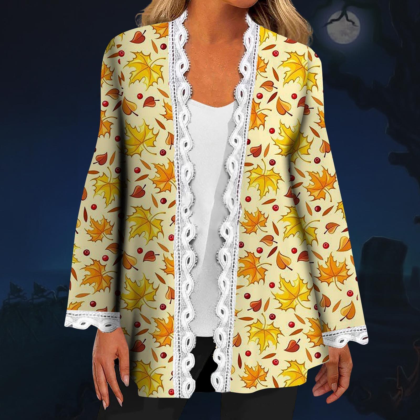 

Женская модная повседневная куртка-кардиган с длинными рукавами и кружевным принтом на Хэллоуин XXXL жёлтый