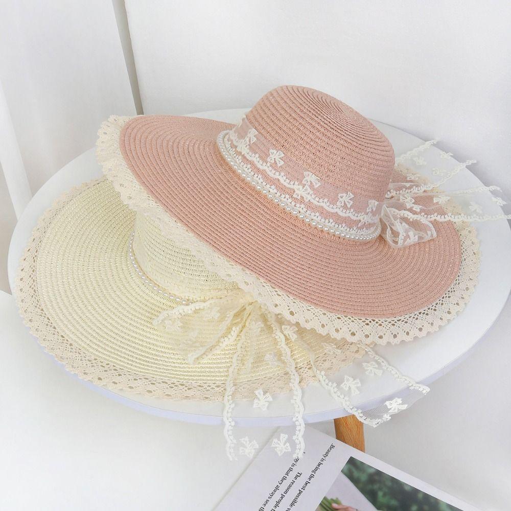 Elegant Weave Bucket Hat Pearl Chain Lace Tied Sun Hat Fashion Wide Brim Straw Hat  Party