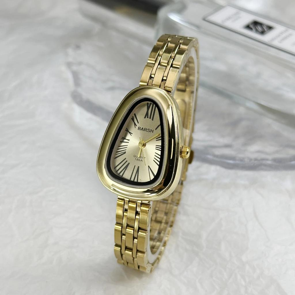Damen Quarz Uhr mit unregelmäßigem Zifferblatt in Schlangenkopf-Optik, Edelstahlarmband, Armbanduhr, Mode, Luxusuhr