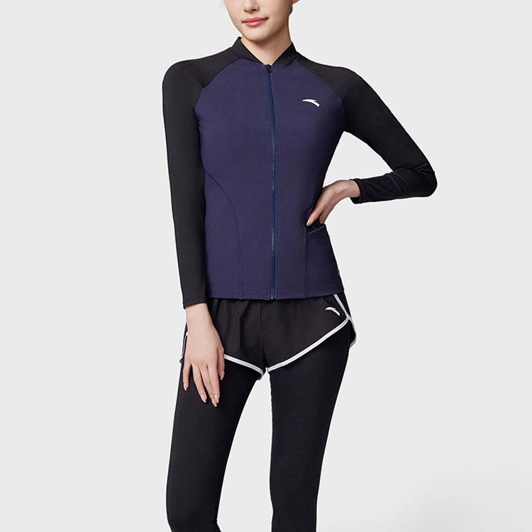 Anta Color Block Round Neck Long Sleeve Sports Two Piece Swimsuit Women Swimsuit Deep-Blue Basic-Black 1824532489-2