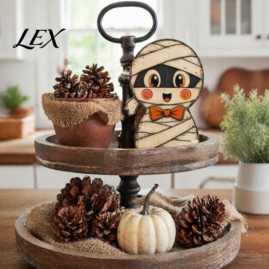 Cute Ghost And Pumpkin Figures Halloween Tiered Tray Decorations, Wooden Tabletop Ornaments, Vintage Centerpiece Rustic Farmhouse Holiday Decor