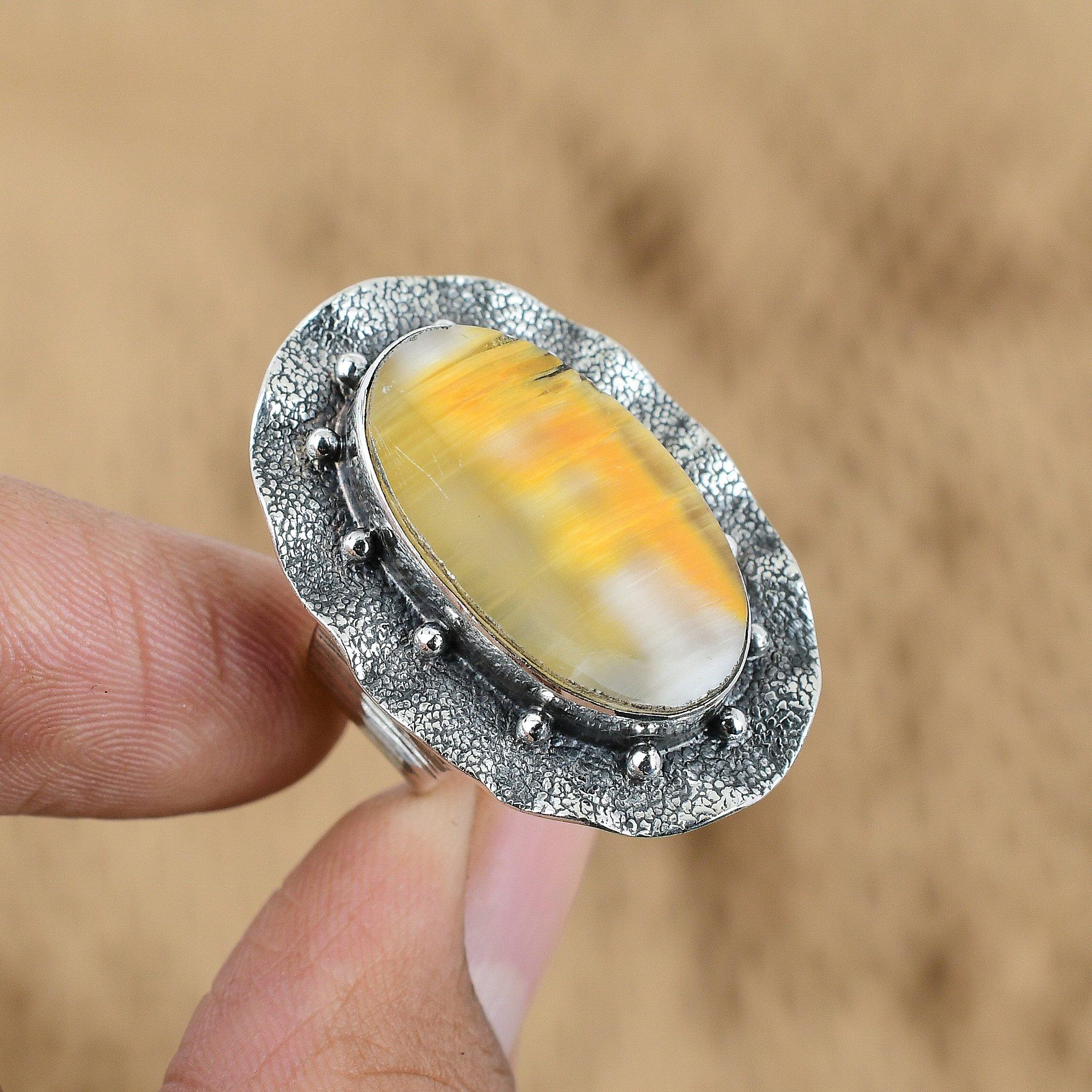 

Natural Bumble Bee Jasper Gemstone Promise Ring Size 8.25 925 Silver For Girls No