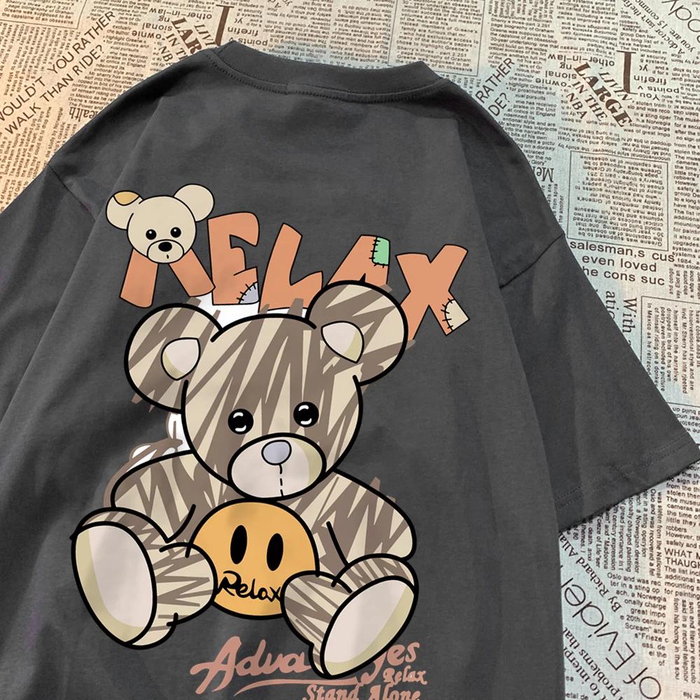 Relax Oneself Teddy Bear Men Women T-Shirt Street Cotton T Shirt Crewneck Breathable Tops Loose Summer T Shirt Crewneck Fashion