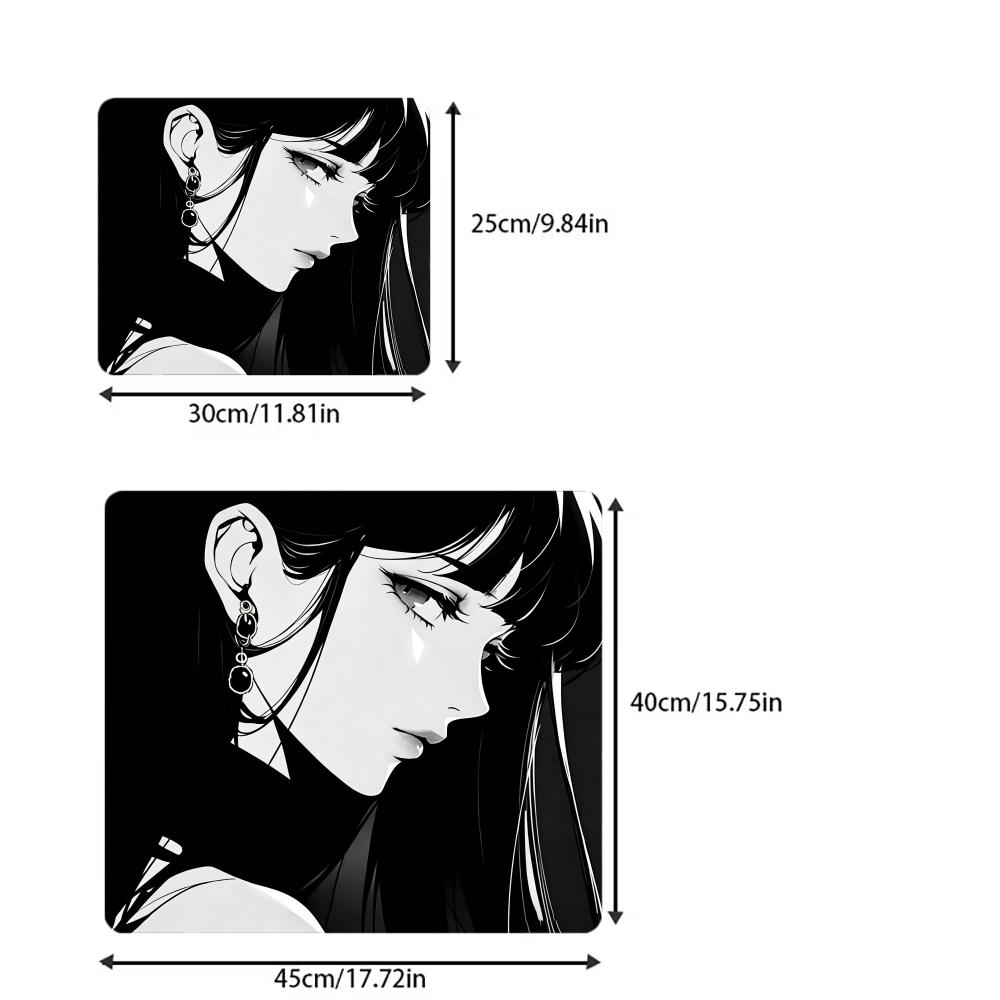 Black White Manga Anime Girl Square Mouse Pad Computer Office Game Table Mats Rubber Anti‑slip Mousepads Dark Decor Desk Pads