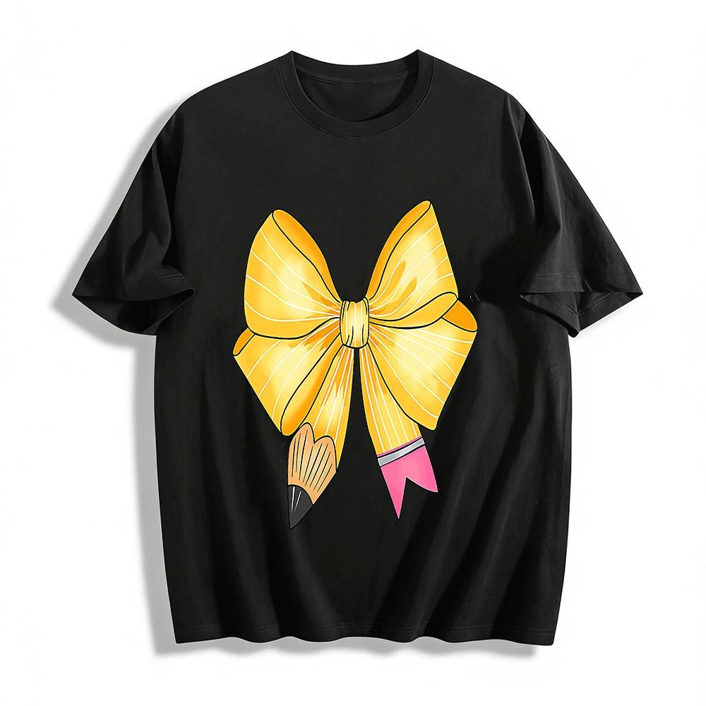 Cute Pencil Bow Print Casual Top Pure cotton T-shirt XXS