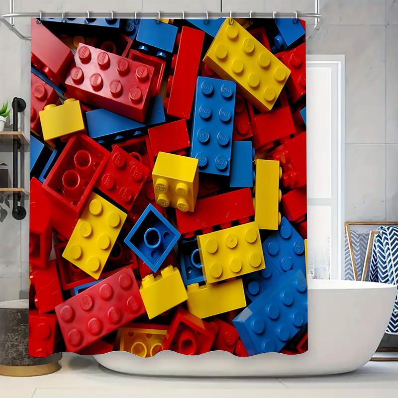 

Барвиста шторка для душу на тему Лего для дитячої ванної кімнати, водонепроникна тканина з гачками, веселий та креативний дизайн для купання 120X180cm(47x70in)
