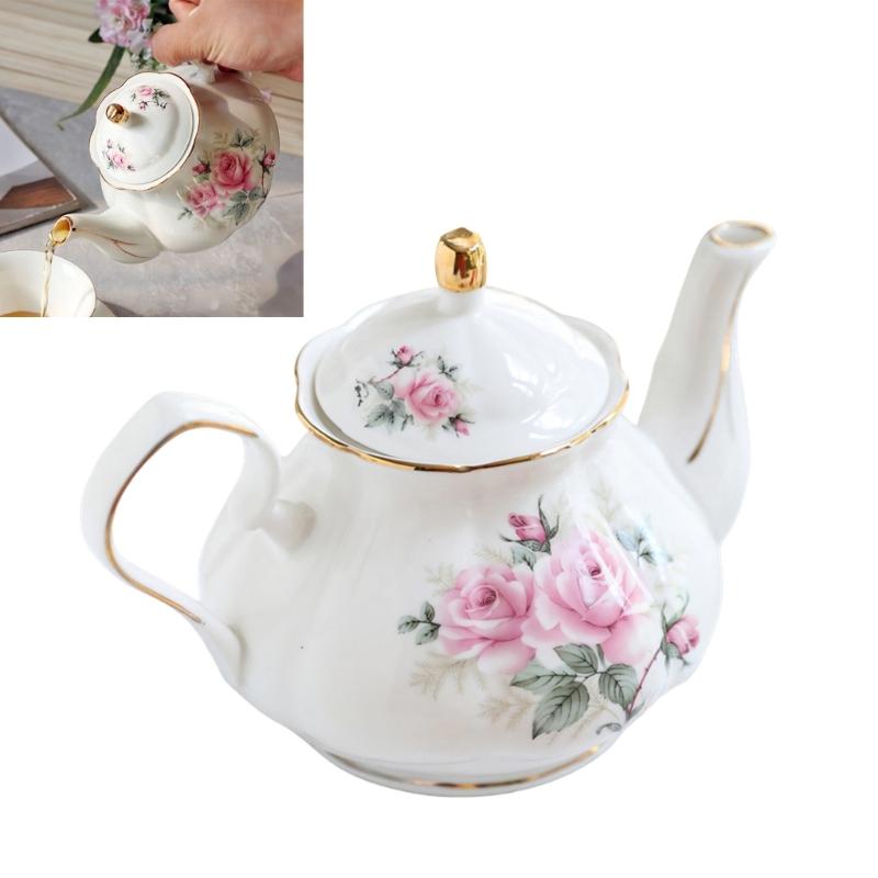 Ergonomic Handle Ceramic Teapot With Floral Pattern And Gold Trim Porcelain Tea Pot Suitable For Gifting