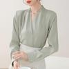 Women's Elegant Satin V-Neck Shirt: High-End Feel, Professional & Formal Wear for Spring/Autumn Commutes.