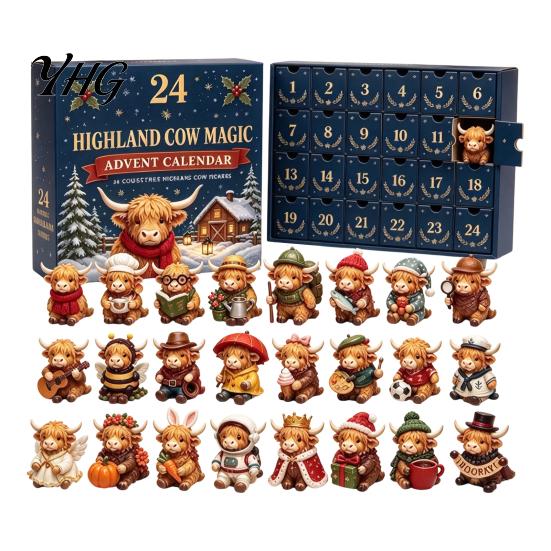 Blind Box Surprise Gift Highland Cow Advent Calendar with 24 Unique Hanging Ornaments for Thanksgiving Christmas Pumpkin Maple Leaf Party Supplies