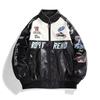 Unisex Oversized Stehkragen Jacke Mit Gestickten Buchstaben PU Leder Patchwork Lässige Moto Oberbekleidung
