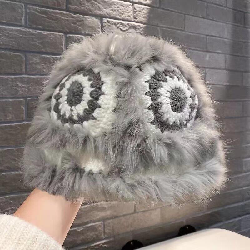 Rex rabbit hair knitted plush hat female autumn and winter furry tiger head lion show face small man