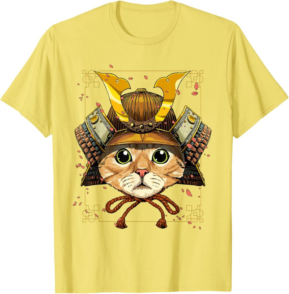 Samurai Cat Warrior Japanese Ronin Graphic Tee Breathable Casual Cotton T-Shirt for Men