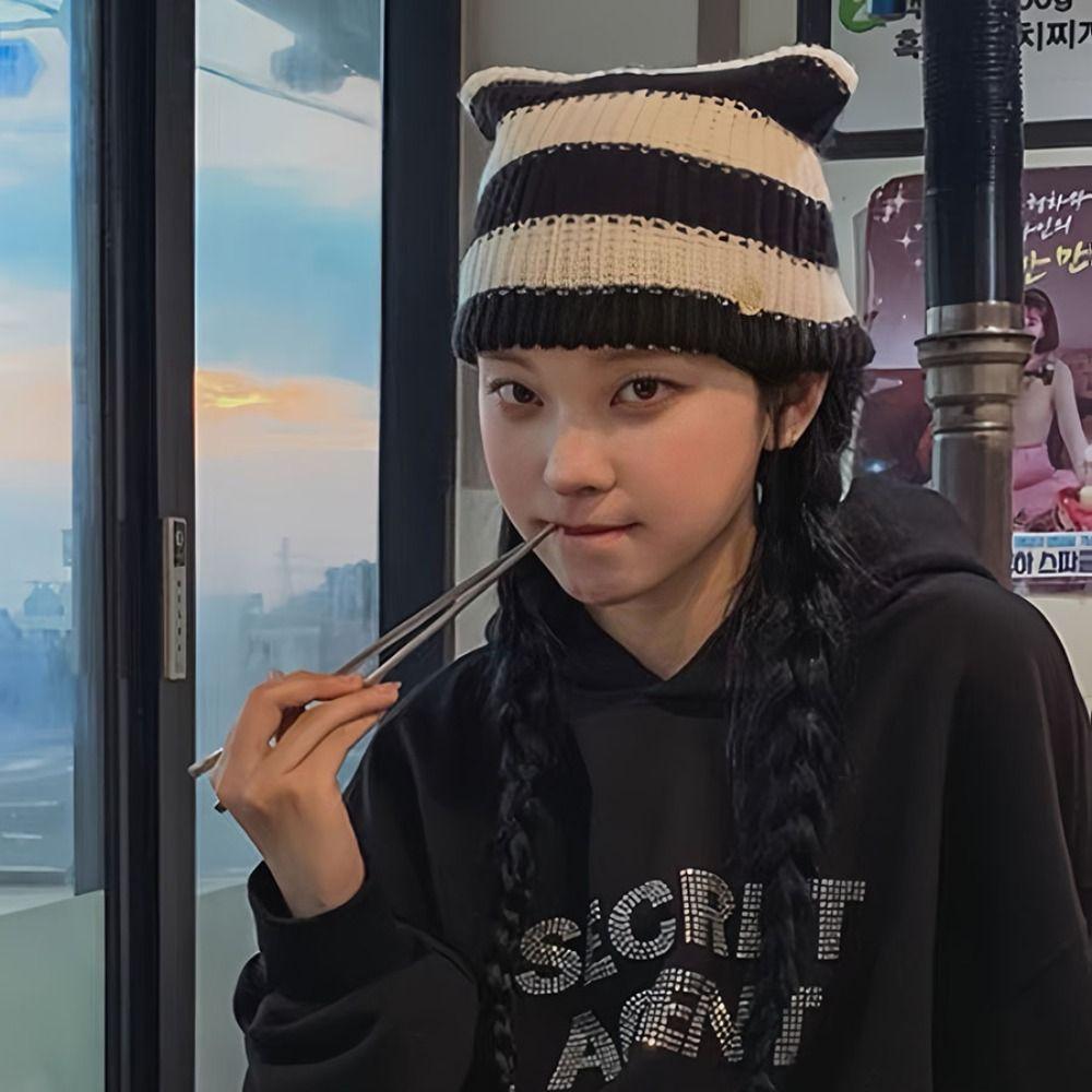 

Y2K Stripe Knitted Hat Bear Ears Litter Demon Cap Kawaii Cute Cat Ears Beanie Hats Outdoor