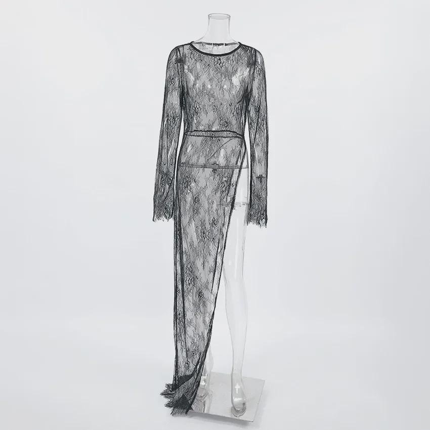 Schwarzes asymmetrisches Schlitzkleid aus Spitze: Europäische und amerikanische Frühjahrs-/Sommermode 2024