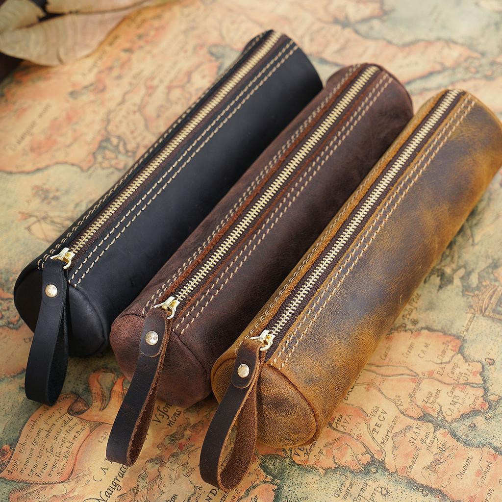 2026 Retro Leather Storage Pencil Bag, First Layer of Crazy Horse Leather Handmade Student Stationery Storage Bag