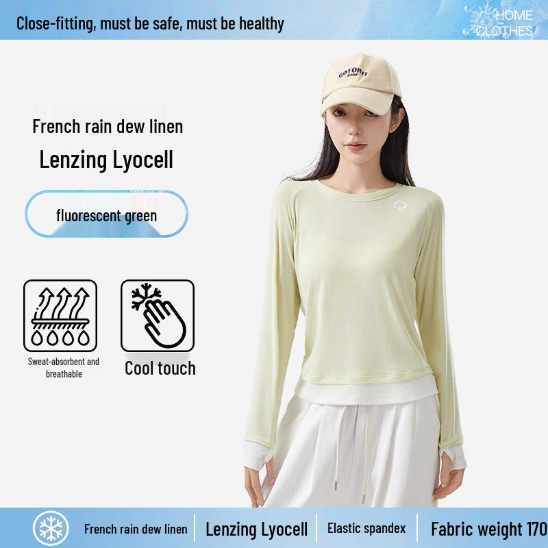 Dámské průsvitné tričko s dlouhým rukávem z lyocellu a lnu slim-fit s designem falešného dvoudílného vzhledu