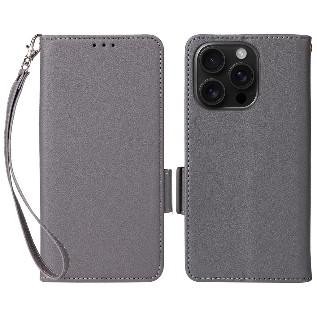 For iPhone 16 Pro Case with Wrist Strap Litchi Texture PU Leather Wallet Phone Cover