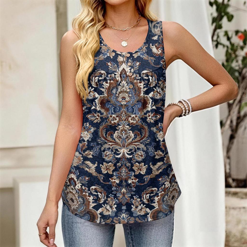 Damen Neues Mode Retro Floral Gestreift Texturiert Print Rundhals Locker Lässig Knopfleiste Ärmellos Weste Top