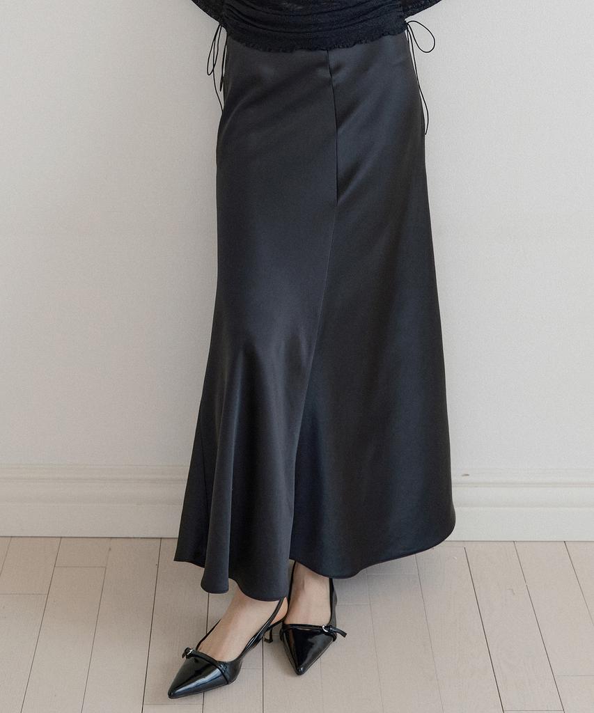 Lucirju Satin Full Length Flare Skirt (Black)