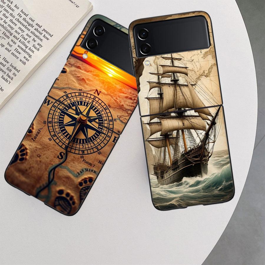Compass Map Voyage Phone Case For Samsung Z Flip 7 6 5G Galaxy Z Flip 5 4 3 Black Hard Cell Cover Luxury PC Shell Coque