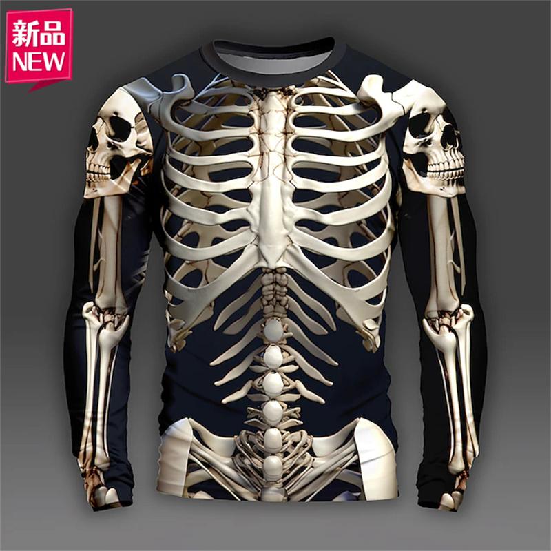 3D Horror Skeleton Print Long Sleeve T Shirt Halloween Skulls Graphic Oversized T Shirt Men Fashion Long Sleeve Crew Neck Shirt S