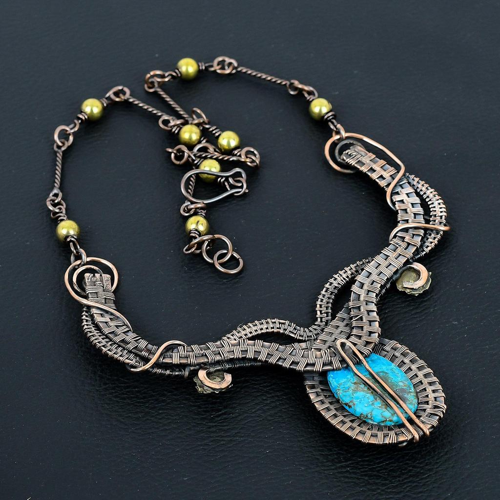 Blue Turquoise Handmade Gemstone Necklace, 999 Copper Wire Wrapped Antique Jewelry Adjustable Chain Necklace, For Engagement Gift