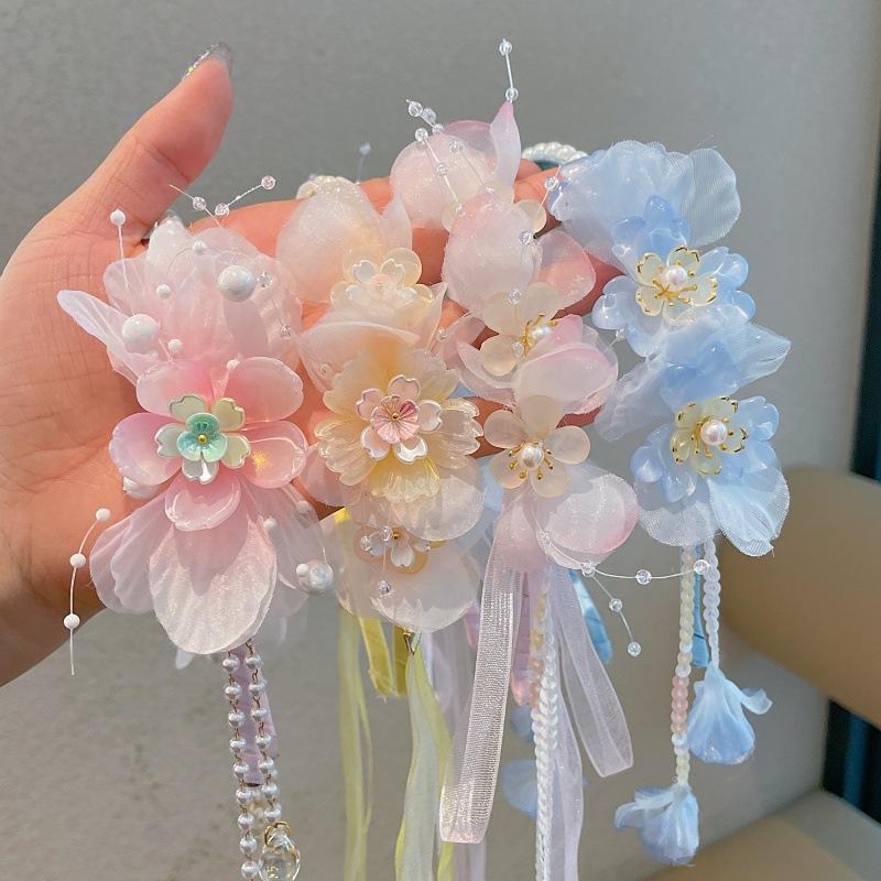 Floral Butterfly Hair Crown for Girls – Delicate Pearl & Silk Tassel Headpiece in Traditional Chinese Design