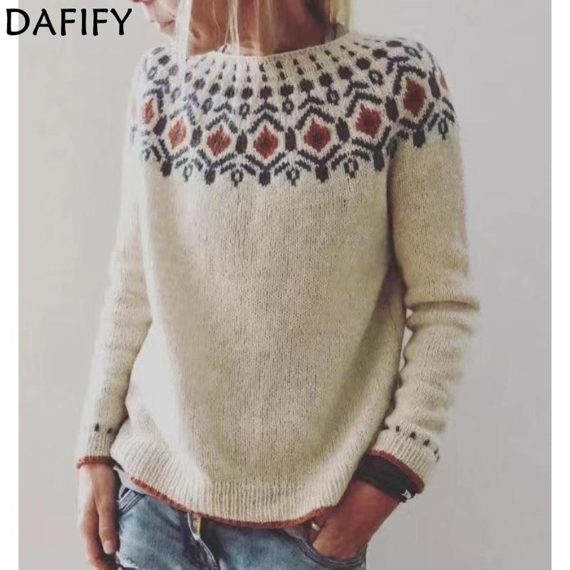DAFIFY Women's Fashion Casual Fall Winter Geometric Print Long Sleeve O-Neck Sweaters