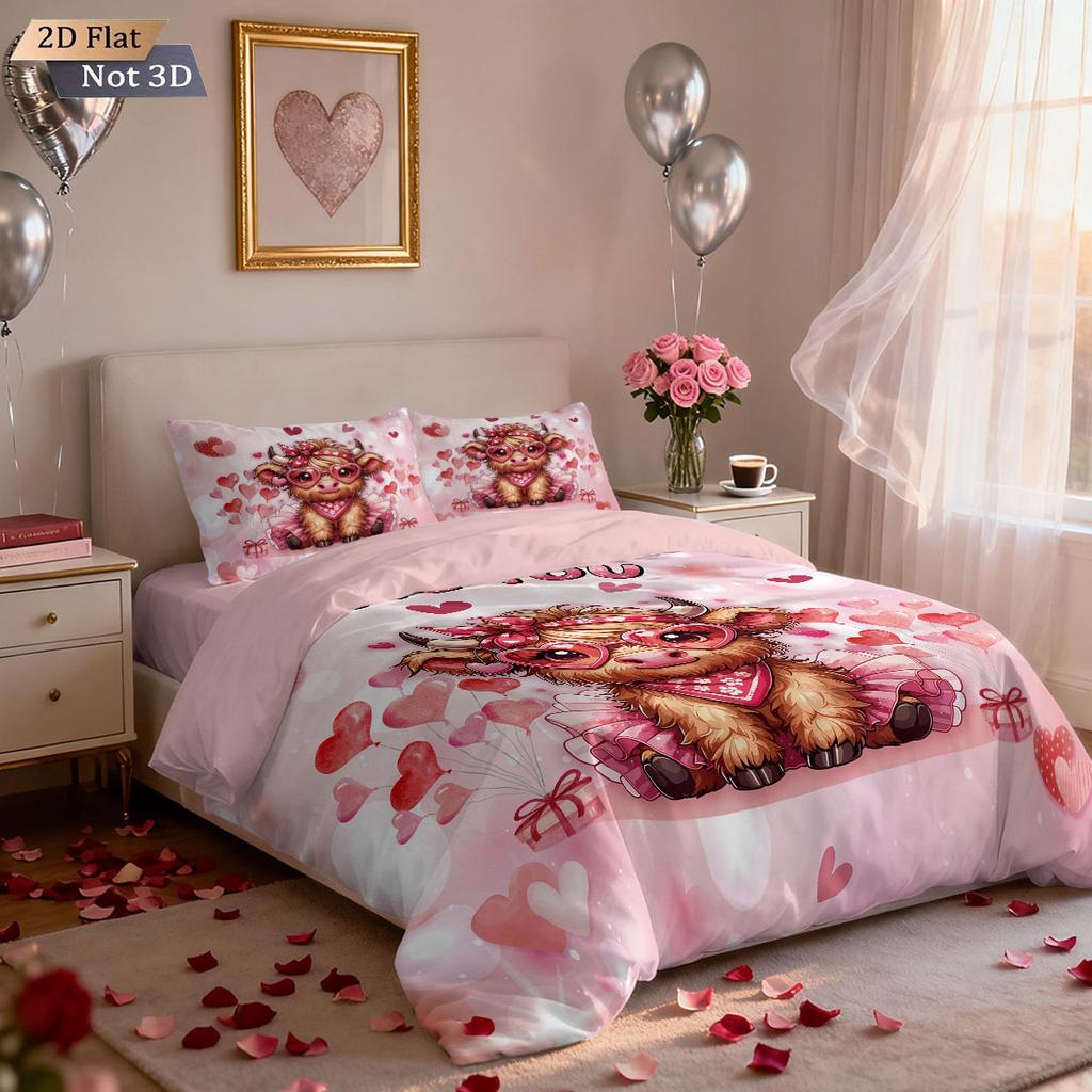 3pc pink Valentine's Day Highland Cow Print Coreless Quilt Set Multi Size Bedroom Dormitory Bedding Decoration Machine Washable