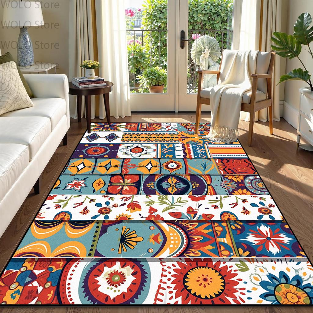 Boho Retro Geometric Living Room Carpet Splice Floral Decoration Home Non-slip Short Velvet Rug Bedroom Lounge Aesthetic Mats