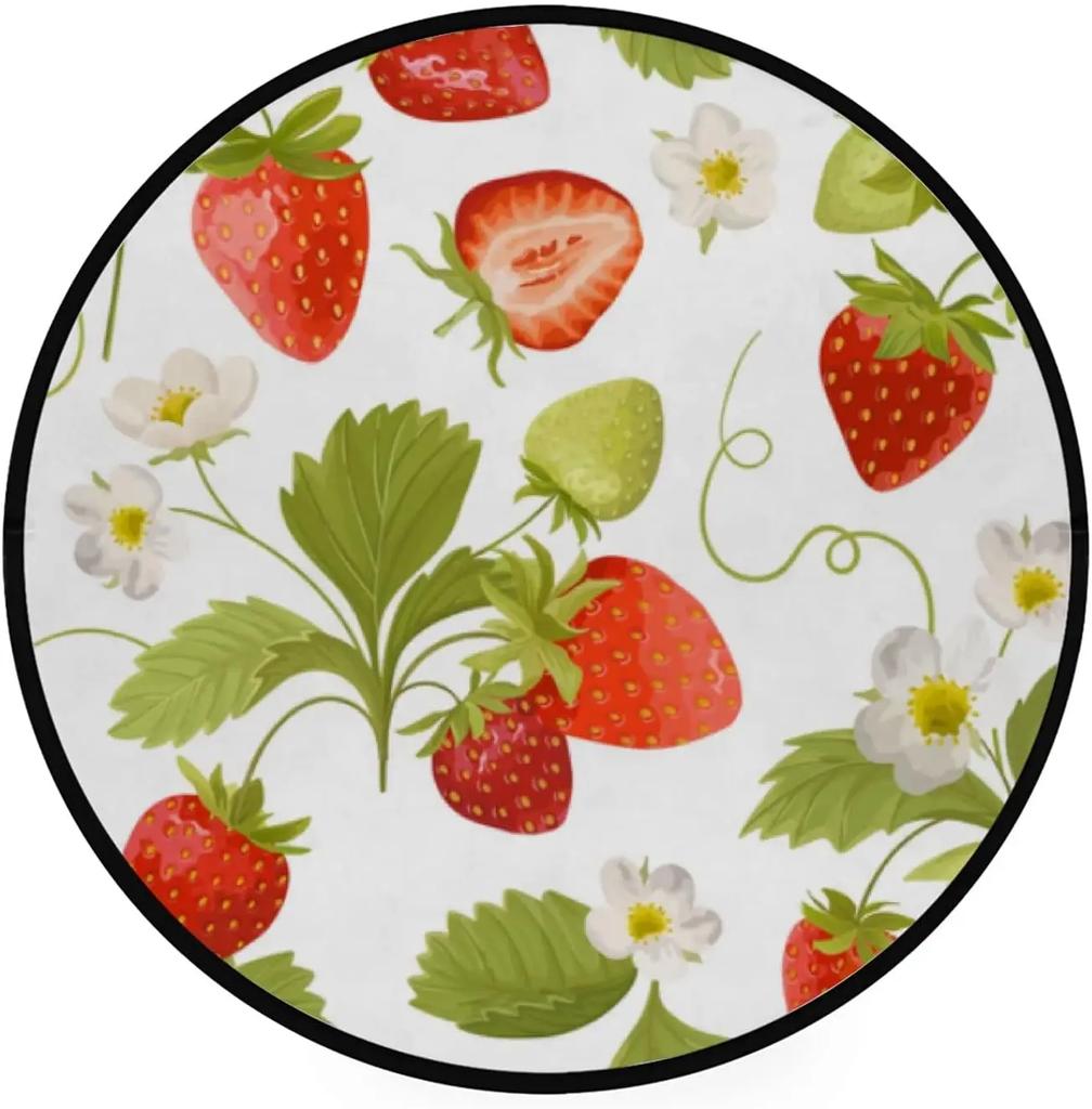 Fruit Strawberry Leaf Area Rug Round Carpet for Office Laundry Study Living Room Bedroom Circle Throw Rugs Non-Slip Floor Mat