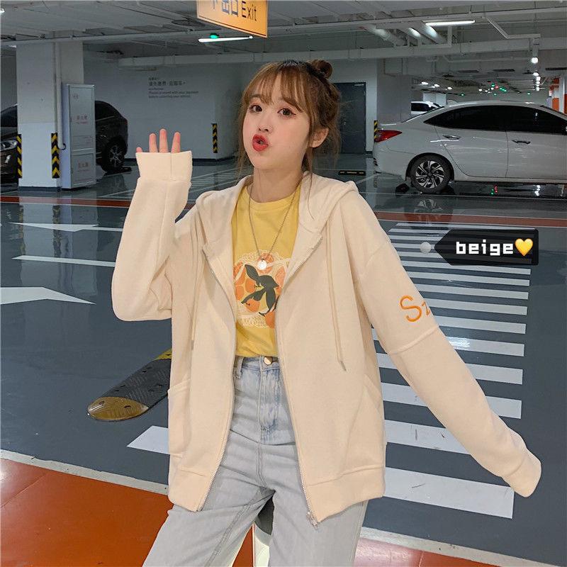 Casual sweater jacket women's thin loose Korean version short man with bf hooded zipper cardigan