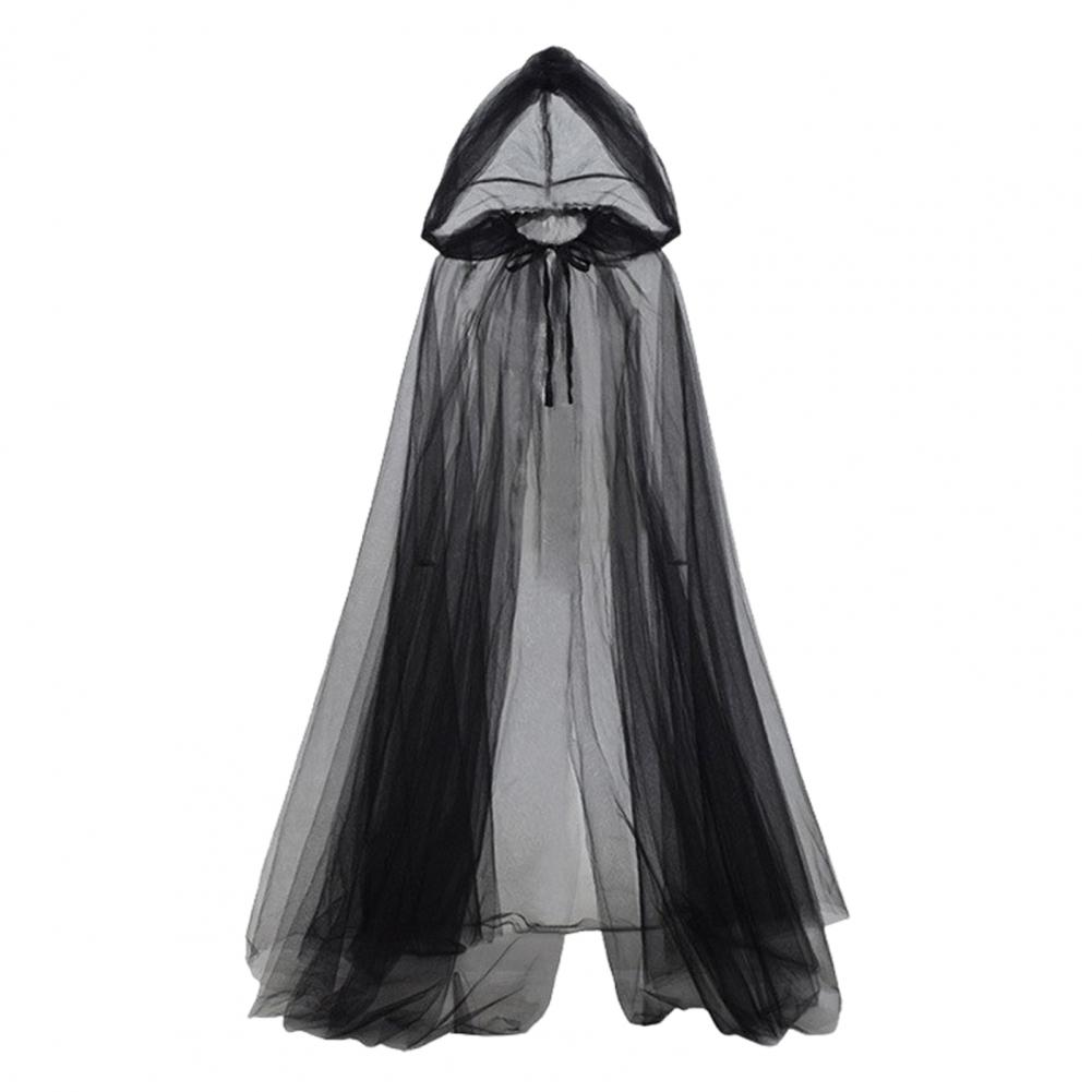 

Halloween Cosplay Cloak Ghost Mesh Hooded Drawstring Cape Pleated Floor Length Gothic Cloak Medieval Performance Capes Costumes L