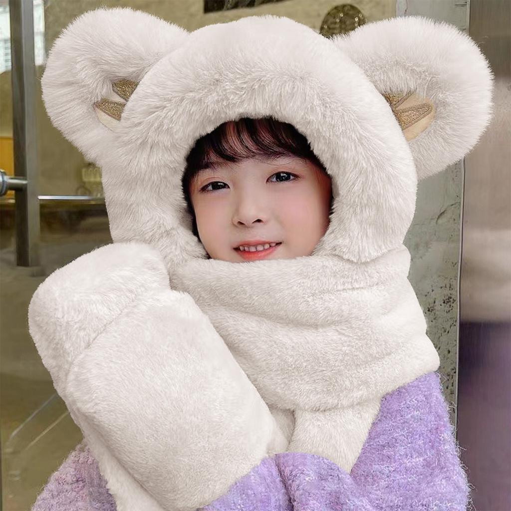 Adult Winter Teddy Bear Hat Scarf Integrated Ear Hat