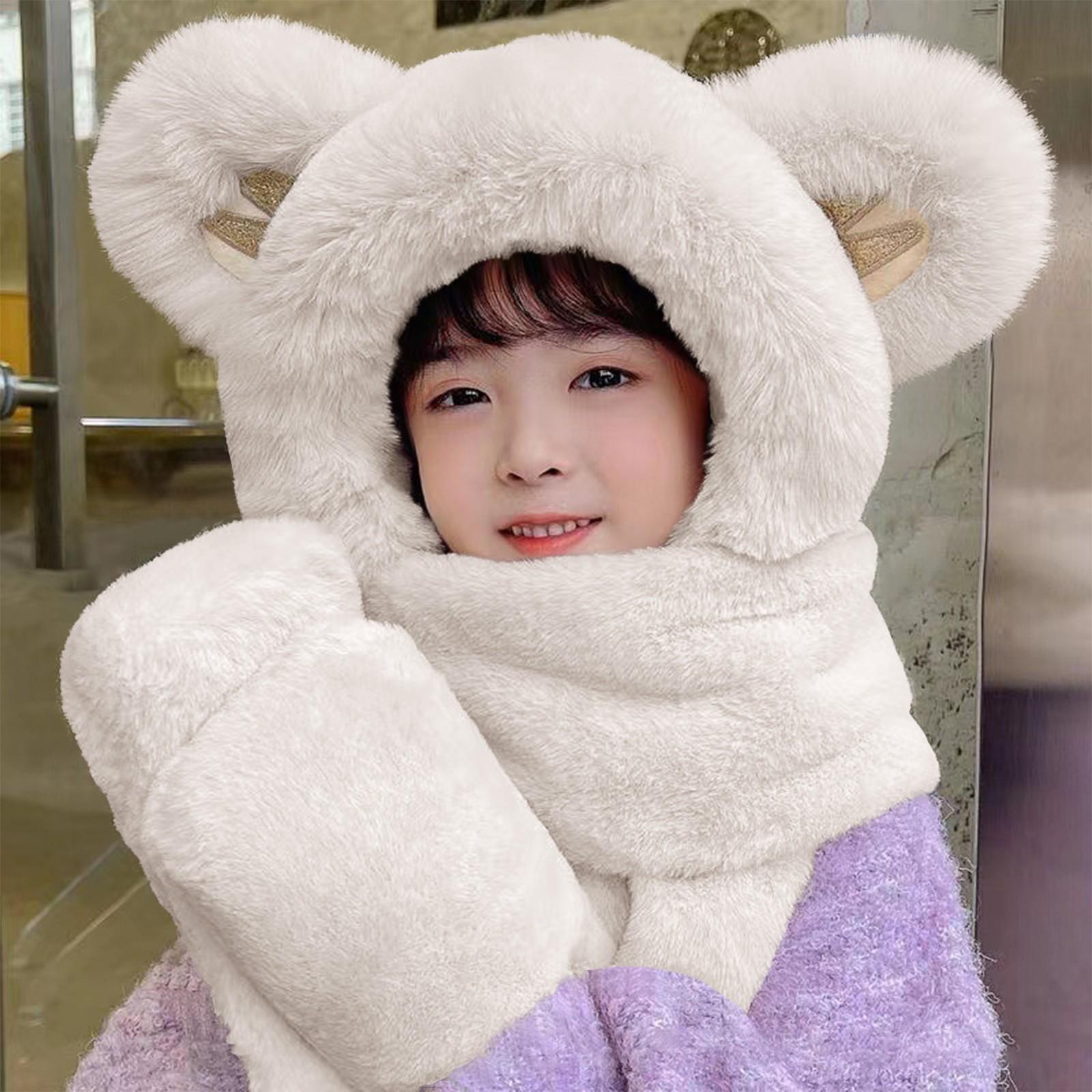 

Взрослая зимняя шапка-шарф с плюшевым мишкой и интегрированными ушками One Size белый