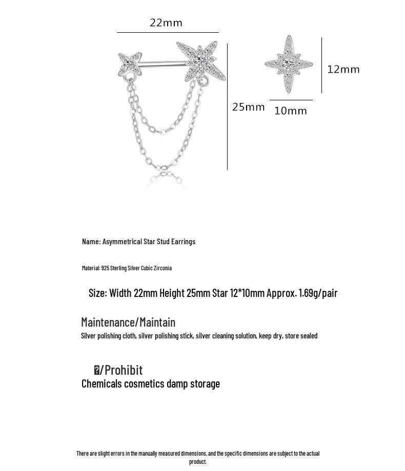 S925 Sterlingsilber Asymmetrische Stern Diamant Ohrstecker mit Kette für Damen - Mori Stil