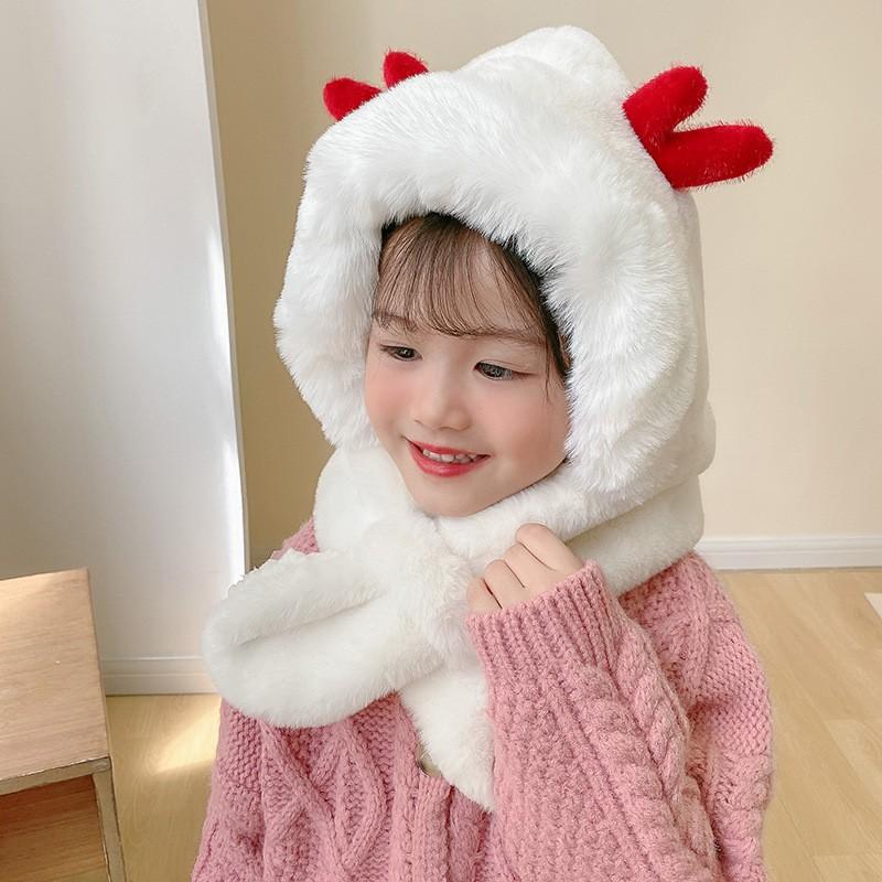 Kids Winter Warm Fleece Hooded Scarf With Deer Antlers Cartoon Design Girls - Chunky Knit Neck Warmer