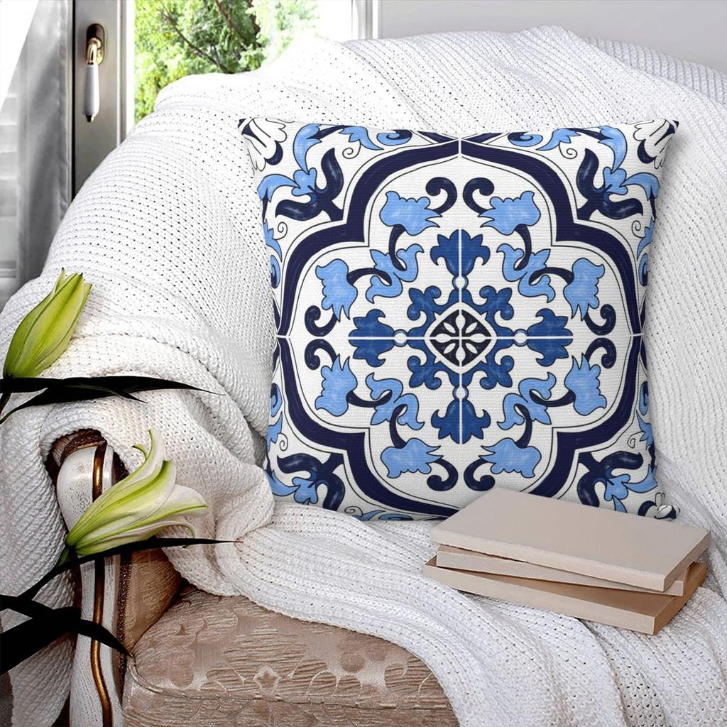Blue Ornate Floral Mediterranean Sicilian Tile  Square Pillowcase Pillow Cover Cushion Throw Pillow for Home Living Room