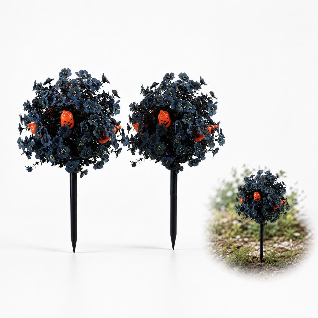 2 Pack Halloween Artificial Pumpkin Ground Stakes with Blue Flowers for Outdoor Yard Decor