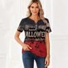 Women's Casual Halloween Print V Neck Button Front Three Quarter Sleeve T Shirt Top for Everyday Wear