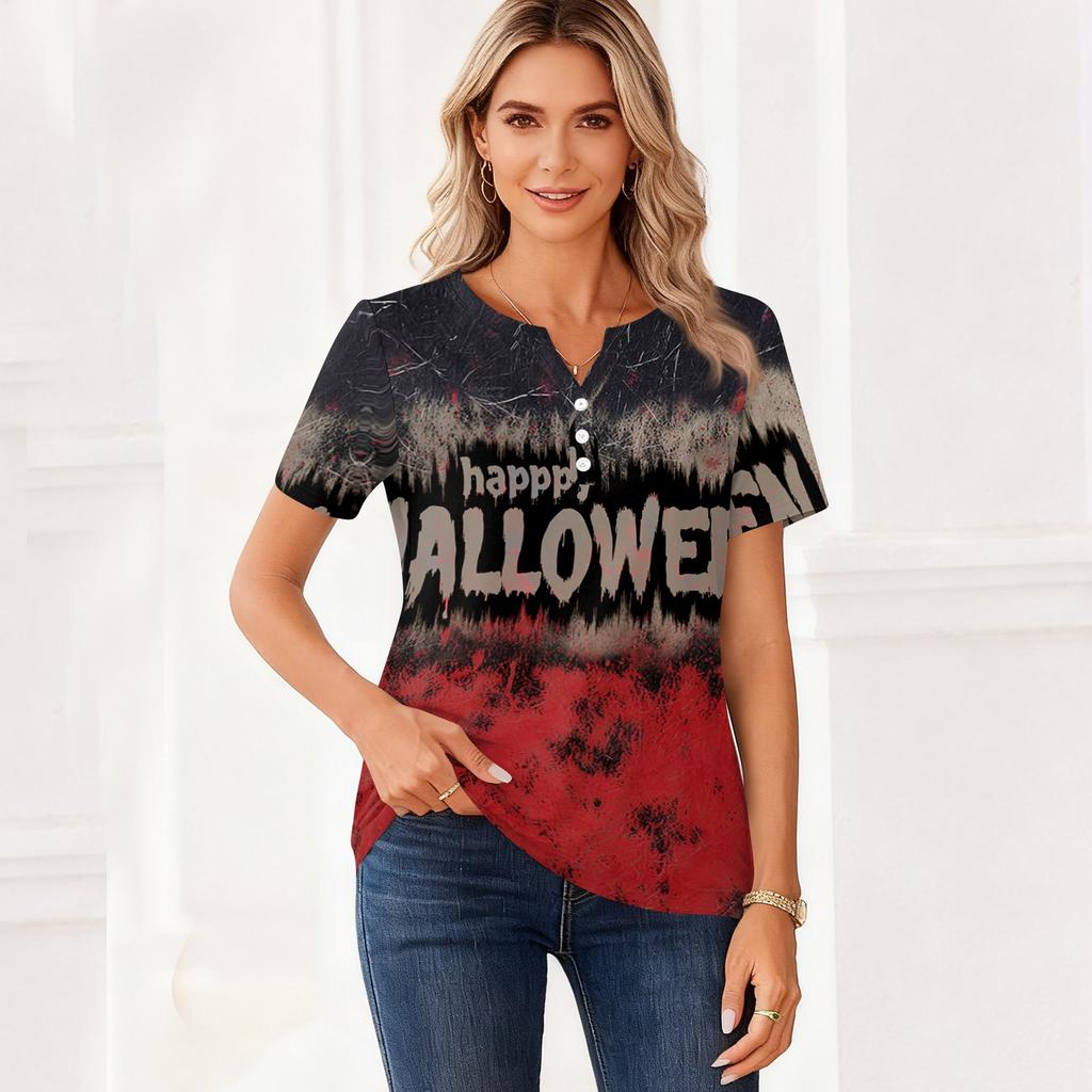 Women's Casual Halloween Print V Neck Button Front Three Quarter Sleeve T Shirt Top for Everyday Wear
