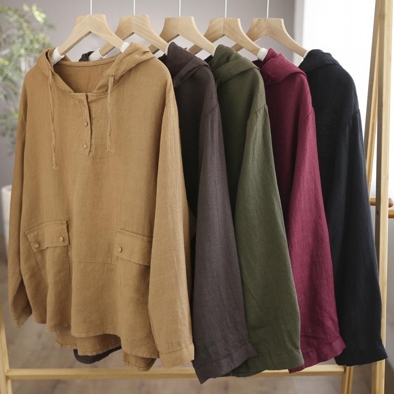 Primavera e Outono literário retro algodão manga comprida camisola grande tamanho solto capuz sabor Hong Kong manga comprida T-shirt feminino
