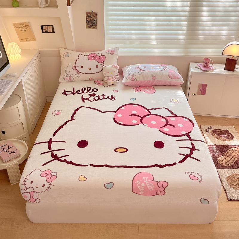3D Pattern K-Kuromi Soft Bedding Fitted Sheet Deep Pocket 30Cm Cartoon H-Hello Kitty Fitted Sheets Fade Resistant Multiple Sizes