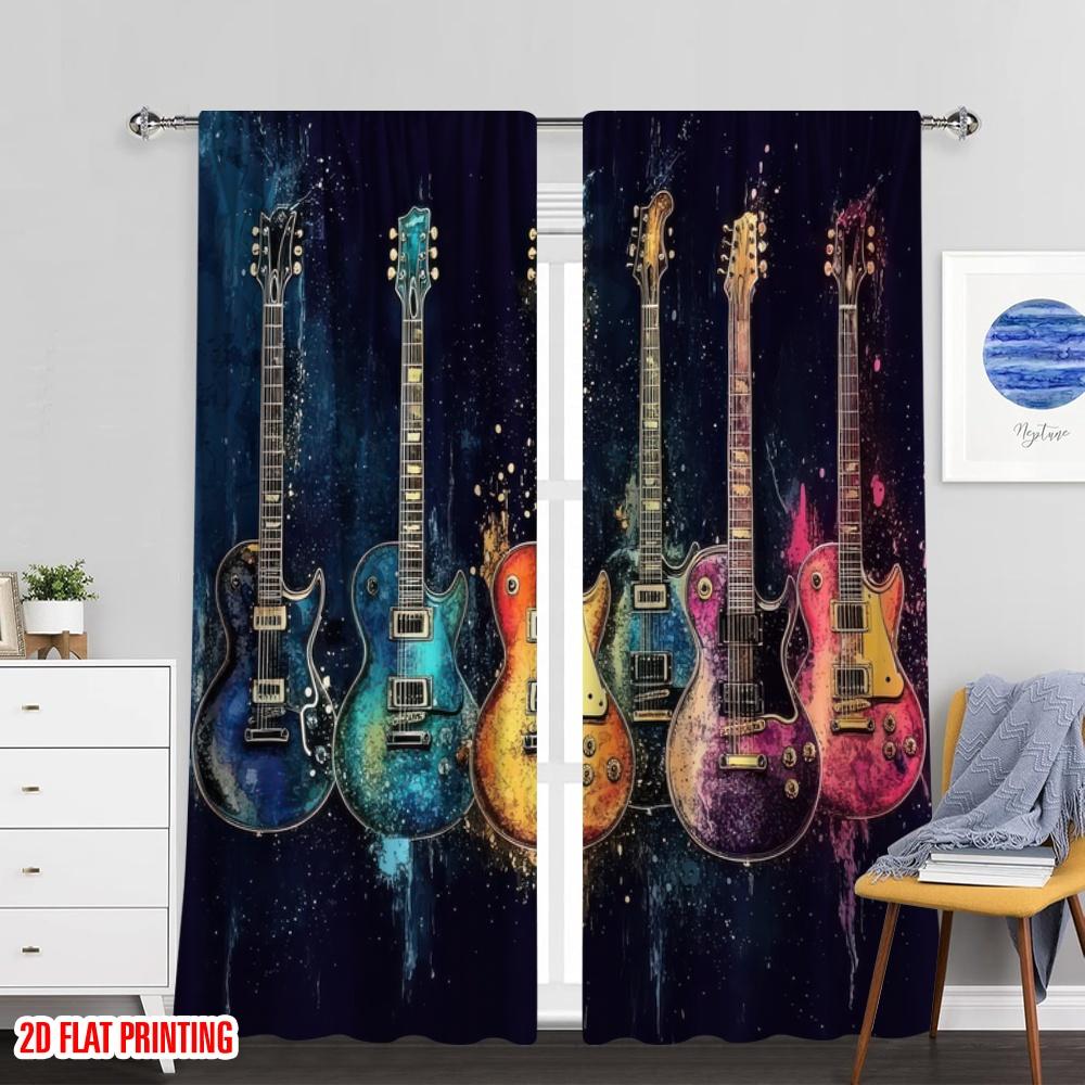 Light Filtering Flat Printing Spring Summer Curtains Guitar Polyester Woven All Seasons Ldeal Bedroom Office Curtain Set Of 2 Made Washable Ready